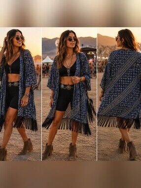 Boho Fringe Kimono Cover-Up in Navy Blue